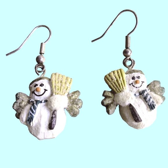 Snowman Angel Earrings White Broom Dangle Drop Winter Holiday Jewelry - Picture 1 of 3